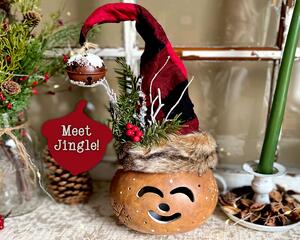 This is a whimsical Christmas elf made with a real dried gourd. This elf's name is Jingle. His face is carved into the round gourd shell. 